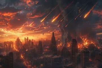 Apocalyptic Earth with meteors and crumbling cities.