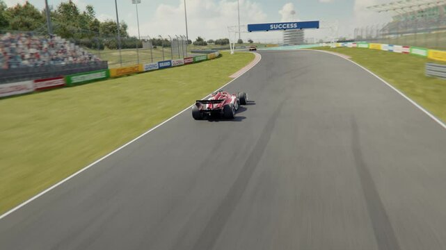 Drone shot following the leading race car. Generic formula one race cars driving along the track. Dynamic drone shot. Multiple race cars. High quality 3d animation