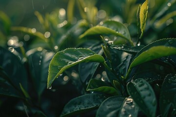 Obraz premium Tea Leaves as Background: A Closeup Detail of Beautiful Dew on Tea Leaves in Asian Countryside