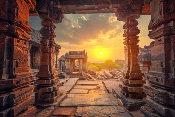 Temple Ruins in Hampi, India: Architectural Marvels and Ancient Sculptures at Sunset