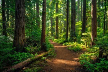 Obraz premium Trail through Pacific Northwest Forest: Serene Nature Landscape with Lush Green Trees