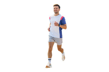 A guy running in a sports uniform, a jogging athlete training, cut out.
