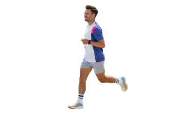 Male runner in sports uniform, jogging athlete training, cut out.
