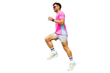 A male athlete is seen running in a sports uniform, engaged in training. The athlete is in the process of jogging and has cut out.
