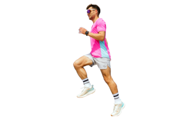 A male athlete is seen running in a sports uniform, engaged in training. The athlete is in the process of jogging and has cut out.
