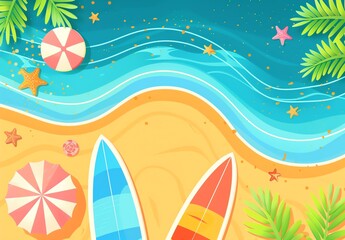 Beach Summer Background with Surfboards and Beach Ball Blue Sky Nature Tropical Beach Cartoon Style
