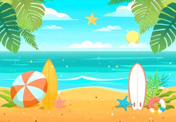 Beach Summer Background with Surfboards and Beach Ball Blue Sky Nature Tropical Beach Cartoon Style