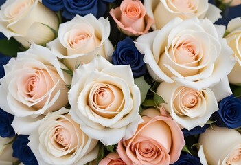 Obraz premium A close-up view of a bouquet of beautiful white and peach roses with soft, delicate petals arranged in a lush, floral pattern