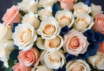 A close-up view of a bouquet of beautiful white and peach roses with soft, delicate petals arranged in a lush, floral pattern