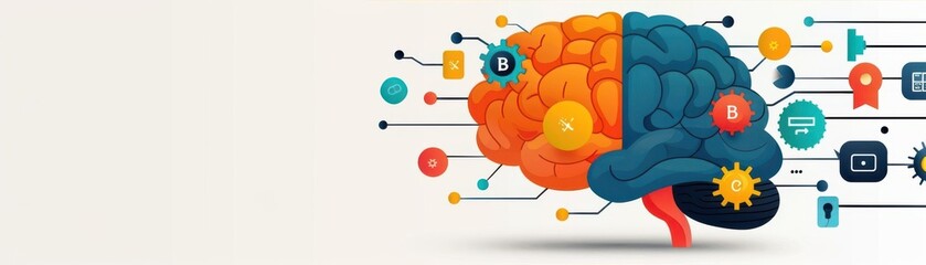 Digital brain and vibrant icons on off-white background, representing connections, data, and modern technological concepts