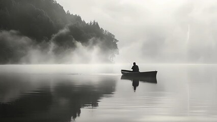 A lone fisherman sets off on the still waters of a lake his silhouette a striking contrast against the calm landscape. Black and white art