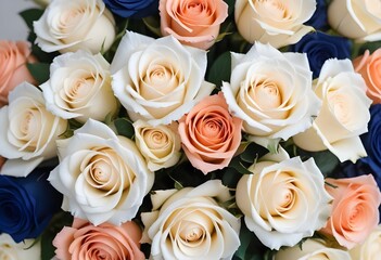Obraz premium A close-up view of a bouquet of beautiful white and peach roses with soft, delicate petals arranged in a lush, floral pattern