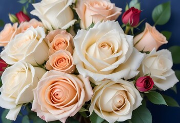 Obraz premium A close-up view of a bouquet of beautiful white and peach roses with soft, delicate petals arranged in a lush, floral pattern