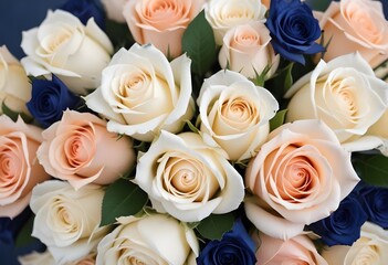 Obraz premium A close-up view of a bouquet of beautiful white and peach roses with soft, delicate petals arranged in a lush, floral pattern