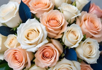 A close-up view of a bouquet of beautiful white and peach roses with soft, delicate petals arranged in a lush, floral pattern