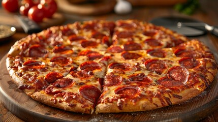 Classic Pepperoni Pizza: A classic pepperoni pizza with perfectly placed slices, a bubbly crust, and slightly crisped edges, served on a wooden board with a pizza cutter next to it. 