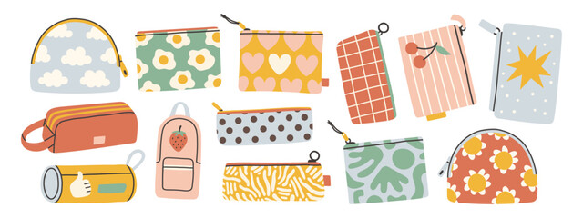 Cute pencil case set. Collection of pencil cases. Cute design in pastel colors. Flat design style vector illustration.