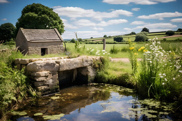 Tranquil Rural Scenery: Antique Stone Abreuvoir Amidst Green Countryside and Timeless Village