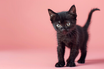 
cute black kitten on a pastel studio pink background with copy space
