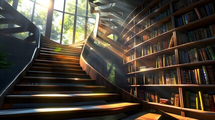 Vintage Library Ambiance with Elegant Staircase, Zoom Virtual Background of Historically Rich Reading Room