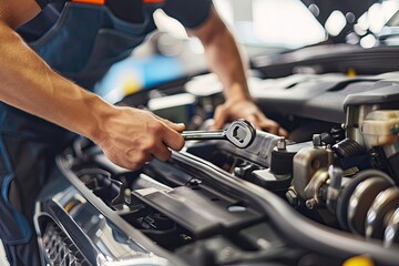Fototapeta premium Close-up of a car mechanic working on a car engine