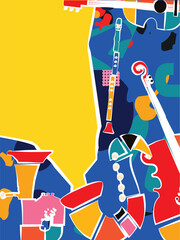 Modern music poster with abstract and minimalistic musical instruments assembled from colorful geometric forms and shapes. Vibrant musical collage with trumpet and piano  © abstract