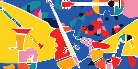 Modern music poster with abstract and minimalistic musical instruments assembled from colorful geometric forms and shapes. Vibrant musical collage with trumpet and piano  © abstract