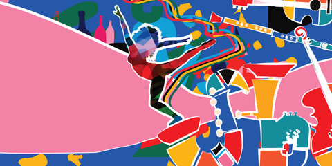 Fototapeta premium Dancing young woman with colorful background. Dancing studio poster