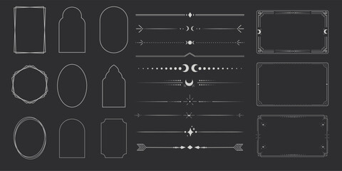 Silver celestial minimal esoteric frame, thin line border, divider mystyc linear decoration with dots, moon, stars corners isolated on dark background. Geometric shape, tarrot 