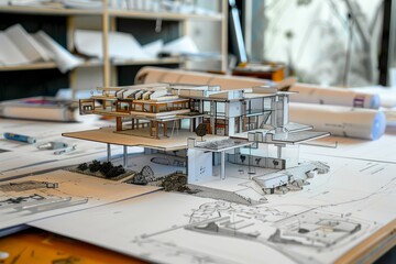 Detailed architectural paper model of a modern house with drafting blueprints