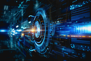 Modern digital landscape with blue circuits and interconnected networks, futuristic cyber environment