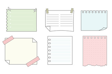 Memo sticky notes, sheet reminder, color office or school pages with tape, marks, pin, paperclip frames doodle style. Notebook bullet dairy list, funny retro drawing.
