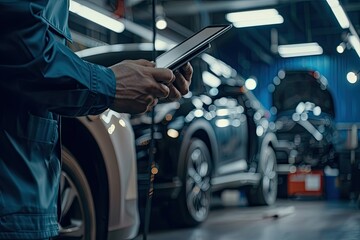 auto mechanic using digital tablet to check car engine in auto repair shop