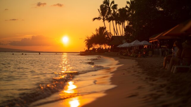 A tropical beach bar at sunset with tiki torches colorful cocktails with tiny umbrellas and a reggae band playing lively tunes while people dance barefoot in the warm sand the waves gently lapping the