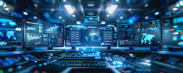 High-tech digital interface with blue circuitry, depicting futuristic and advanced technology