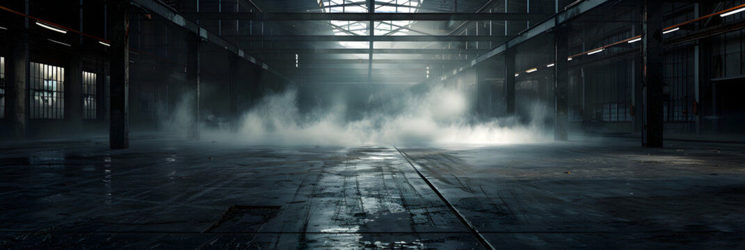 a dark smokey empty warehouse with the viewpoint positioned center and on the floor