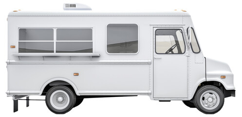 White food truck with large windows and a rooftop air conditioning unit.