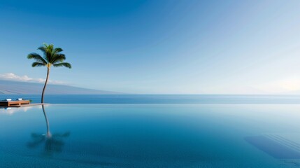 Fototapeta premium A luxurious infinity pool at a tropical resort with sun loungers palm trees and a swimup bar where guests sip on exotic cocktails the ocean horizon blending seamlessly with the pools edge
