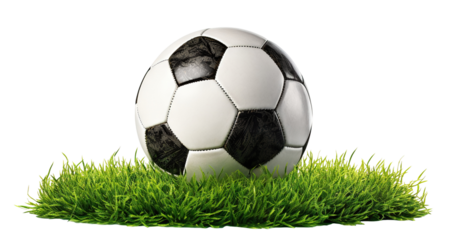 Soccer football ball on green grass, cut out