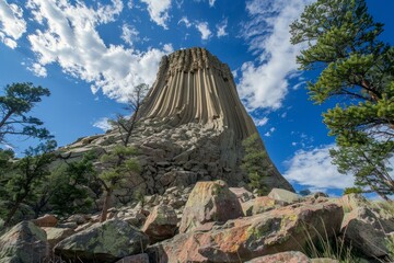 Stunning view of devils tower national monument under a vivid blue sky with scattered clouds