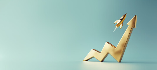 A golden arrow graph pointing upwards with a rocket, symbolizing rapid growth and success