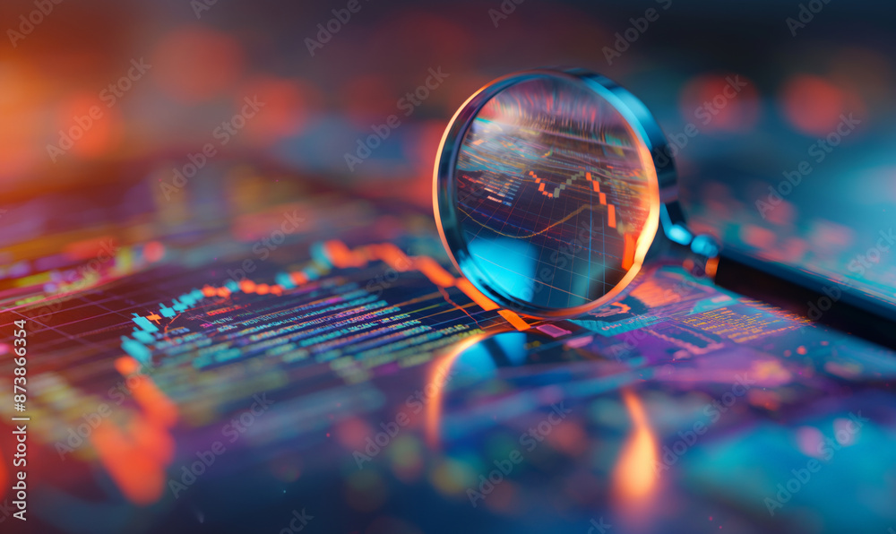 Wall mural magnifying glass highlighting data charts with colorful, glowing graphs and lines, symbolizing analy