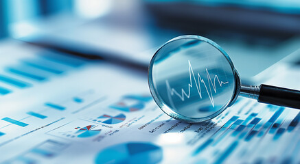 Magnifying glass focusing on graphs and charts on a blue-toned document, symbolizing financial analysis and data scrutiny