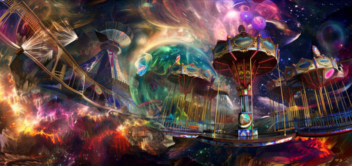 DMT or LSD trip into the realm with merry go round and other worldly scene. Surrealistic artwork of a psychedelic mushroom in a strange realm, trippy, surreal, psychedelic