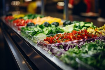 Obraz premium Fresh vegetables in a salad bar at a restaurant. Selective focus