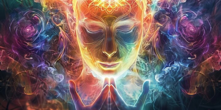 DMT or LSD trip into the realm with spirits and other worldly scene. Surrealistic artwork of a psychedelic mushroom in a strange realm, trippy, surreal, psychedelic