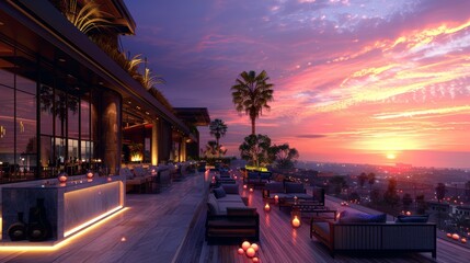 Create a billboard ad for a rooftop bar, highlighting the venue's sunset views and evening ambiance