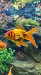 Fototapeta premium Close-Up of Goldfish in Aquarium Pond, Featuring Vibrant Colors and Graceful Movements, Perfect for High-Resolution AI-Generated Wallpaper Projects Highlighting Aquatic Life, Luck, and Children's Day 