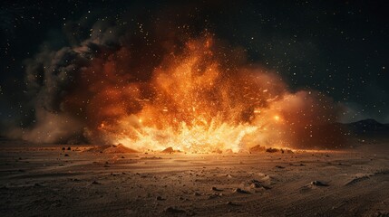 Fiery Explosion in Desert at Night