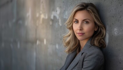 Fototapeta premium Portrait of a beautiful woman in business casual attire, standing against an urban backdrop. businesswoman on the street of a city